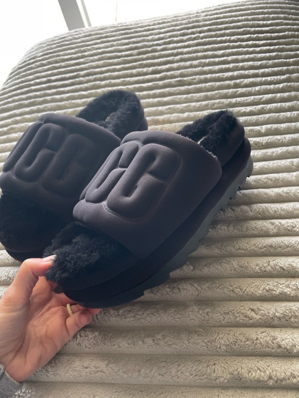 UGG Black Plush Logo Slide Sandals - Picture 3 of 8